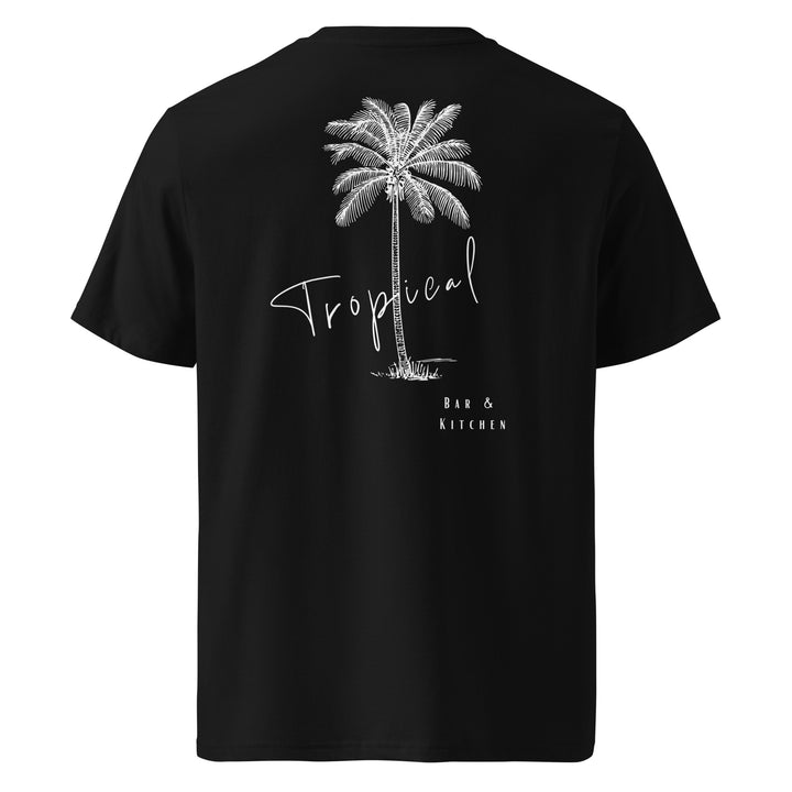 Tropical Bar & Kitchen Organic T-shirt featuring a palm tree design on a black background.