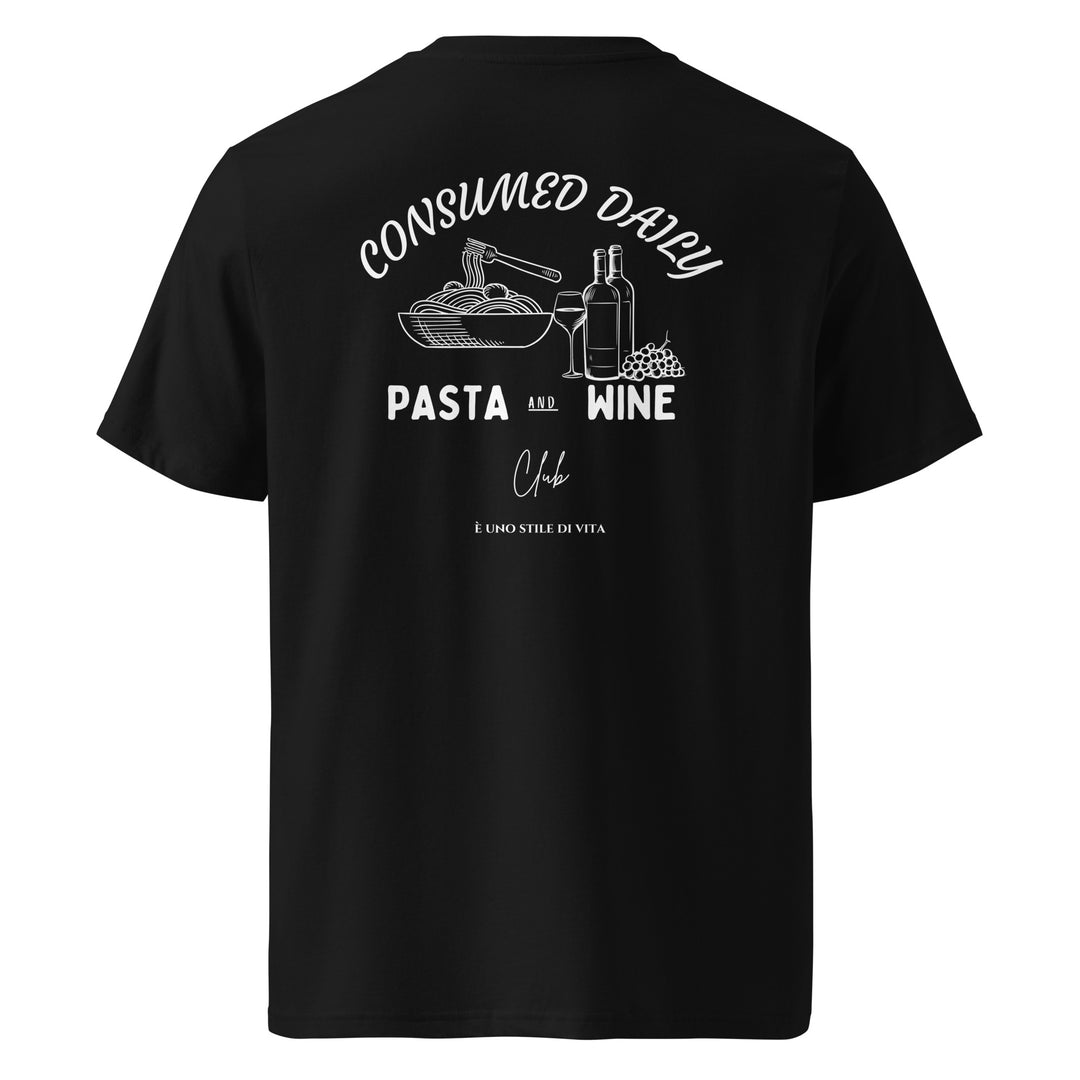 Pasta & Wine Club Organic T-shirt featuring 'Consumed Daily' design with pasta and wine graphics.