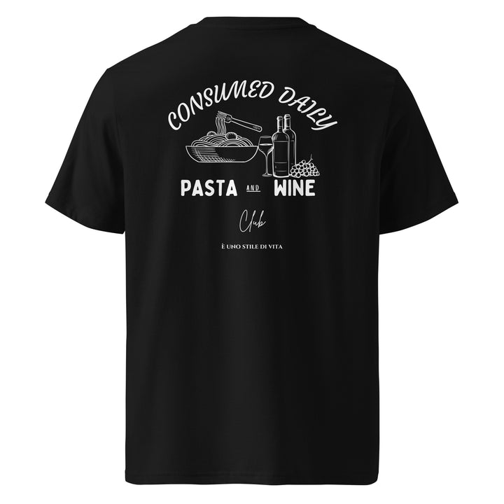 Pasta & Wine Club Organic T-shirt featuring 'Consumed Daily' design with pasta and wine graphics.