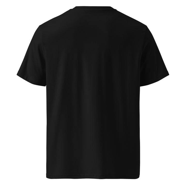 Back view of More Amore Per Favore Organic T-shirt in black color, made of 100% organic cotton.