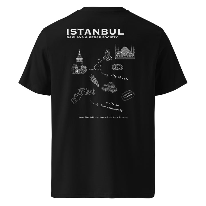 Istanbul Baklava & Kebab Society Organic T-shirt featuring iconic Istanbul illustrations on a black background.