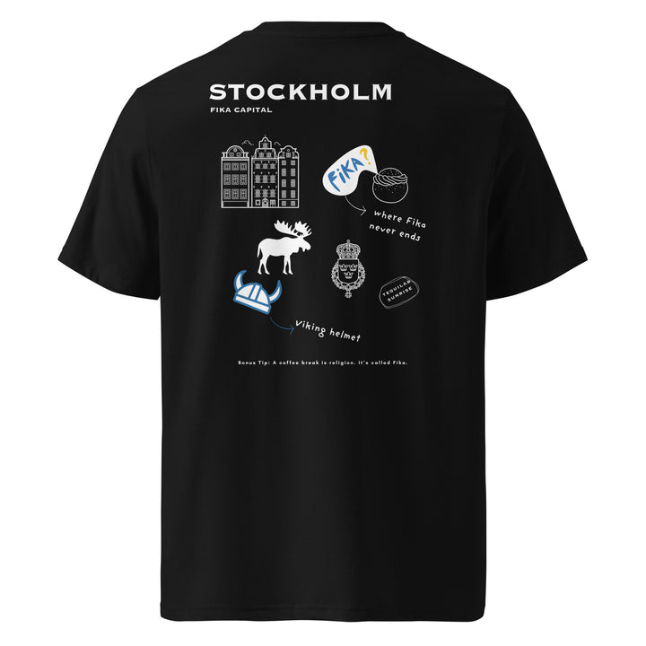 Stockholm Archipelago Society Organic T-shirt featuring fun graphics and text about Fika in a black unisex design.