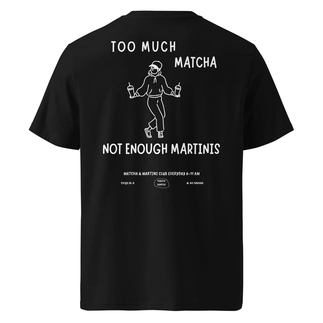 Black t-shirt with white text and graphics on a white background