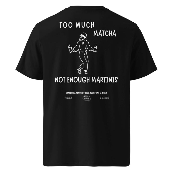 Black t-shirt with white text and graphics on a white background