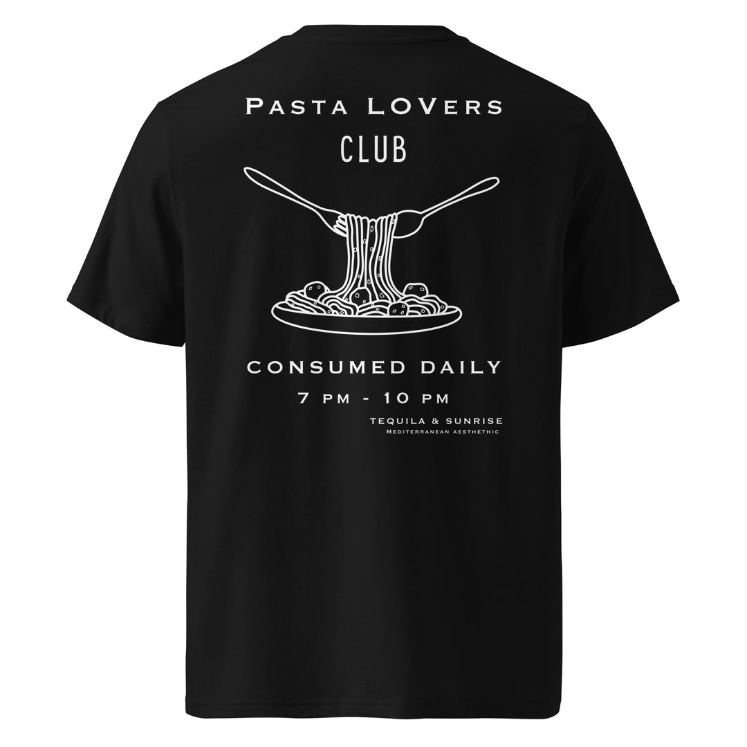 Pasta Lovers Club Organic T-shirt featuring a graphic of spaghetti on a black background, perfect for pasta enthusiasts.