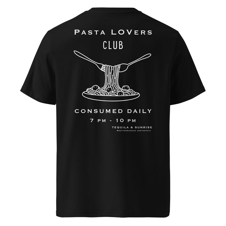 Pasta Lovers Club Organic T-shirt featuring a graphic of spaghetti on a black background, perfect for pasta enthusiasts.
