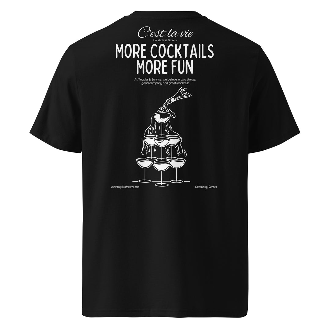 More Cocktails More Fun Organic T-shirt featuring a cocktail pyramid and inspiring quote on a black background.