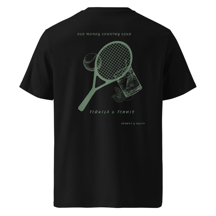 Back view of the Sporty & Salty Organic T-shirt featuring a tennis racket and cocktail design.