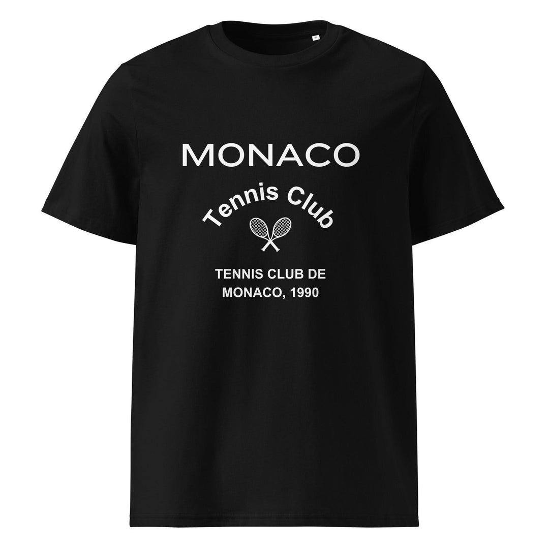 The Monaco Tennis Club Organic T-shirt by Tequila & Sunrise is a black tee made from organic cotton, featuring a white "Monaco Tennis Club" print, two tennis rackets, and the text "Tennis Club de Monaco, 1990" below. It's an eco-friendly option for tennis lovers who appreciate classic style.