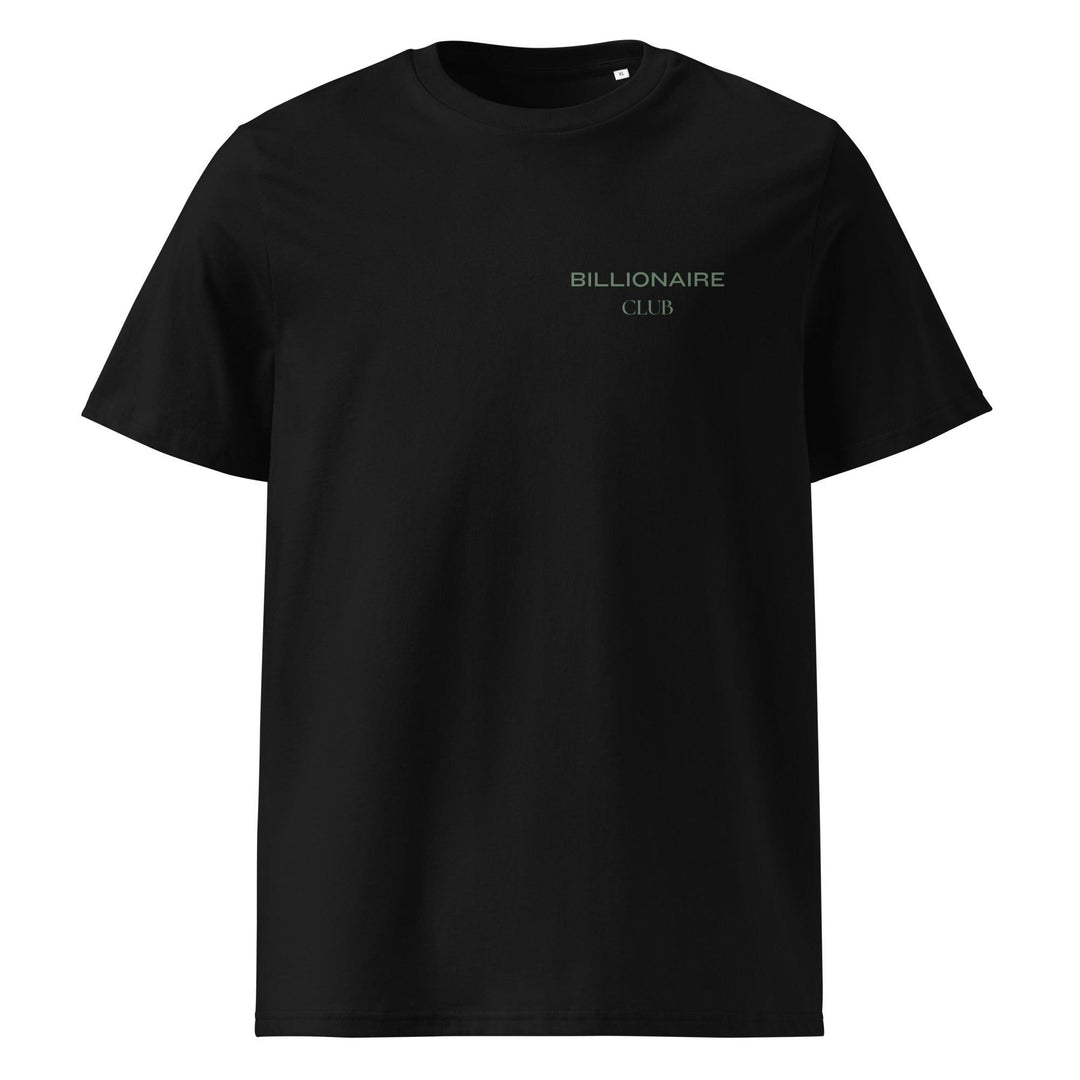 The Tequila & Sunrise "Billionaire Club" Minimalist Organic T-shirt, a black unisex tee crafted from organic cotton, features subtle green lettering on the chest and is an ideal pick for eco-conscious individuals.