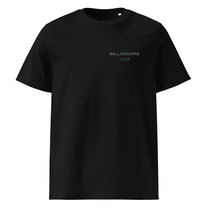 The Tequila & Sunrise "Billionaire Club" Minimalist Organic T-shirt, a black unisex tee crafted from organic cotton, features subtle green lettering on the chest and is an ideal pick for eco-conscious individuals.