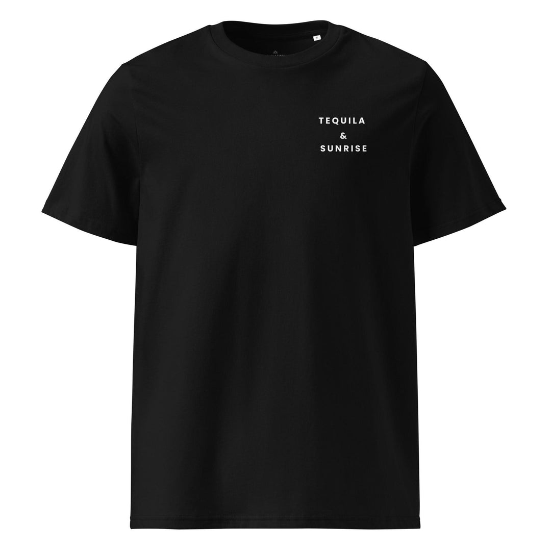 The Tequila & Tennis Organic T-shirt from Tequila & Sunrise boasts bold white text that reads TEQUILA & SUNRISE on the front. This black, unisex t-shirt effortlessly merges style with sustainability, making it an eco-friendly addition to any wardrobe.