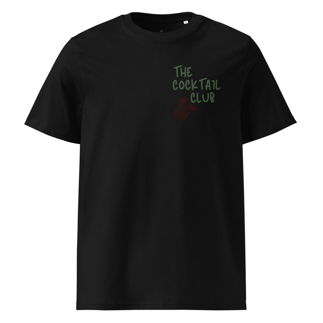 The Porn Star Martini Organic T-shirt by Tequila & Sunrise is an eco-friendly black tee featuring 'The Cocktail Club' text in green and a small red cocktail glass graphic on the front. Made from organic cotton, this graphic tee seamlessly combines style with sustainability.