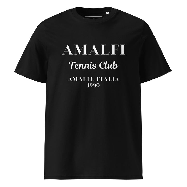 The Amalfi Tennis Club Summer Italia 1980 Organic T-shirt by Tequila & Sunrise is a black vintage unisex tee featuring white text on the front that reads "Amalfi Tennis Club AMALFI, ITALIA 1990." This eco-friendly shirt encapsulates a timeless style with a nod to tennis heritage.