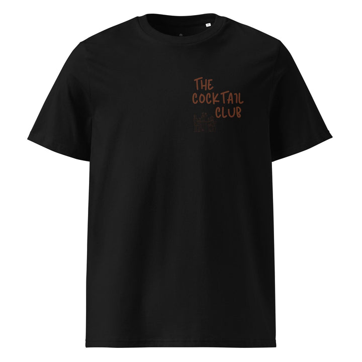 The Espresso Martini Organic T-shirt by Tequila & Sunrise is made from eco-friendly organic cotton, featuring 'The Cocktail Club' along with an Espresso Martini design printed in orange on the upper left side.