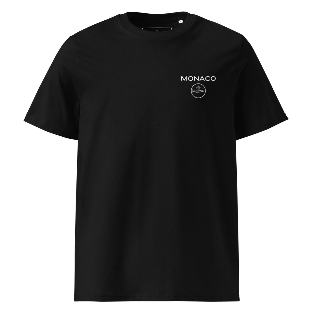 Black unisex T-shirt from Tequila & Sunrise, made with organic cotton and featuring a white MONACO and circular logo printed on the front. This is the "Monaco Casino de Monte-Carlo Organic T-shirt.