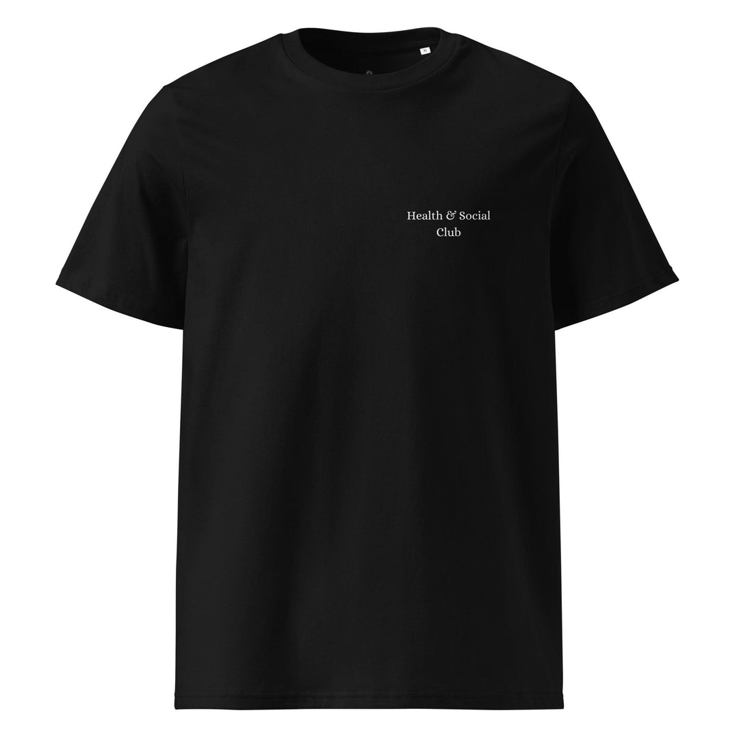 The Health & Social Club Organic T-shirt by Tequila & Sunrise is a black tee made from organic cotton, featuring the "Health & Social Club" text on the upper left side, embodying sustainable fashion.