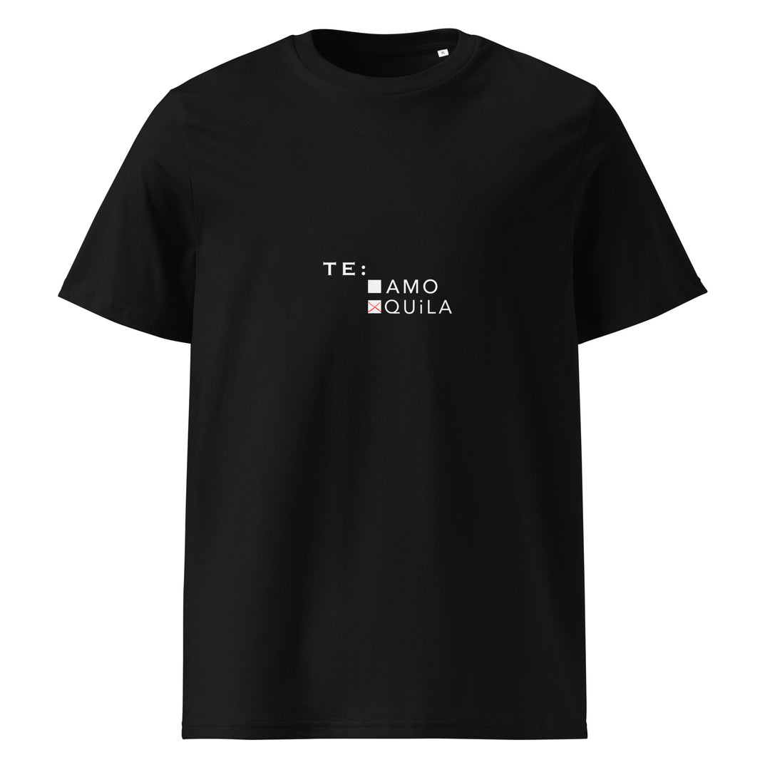 A black unisex T-shirt from Tequila & Sunrise, named "The Te: quila Organic T-shirt," is made from 100% organic cotton and features the words TE: AMO and QUILA in white and red, arranged vertically.