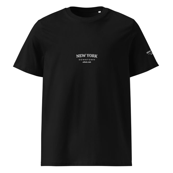 Black T-shirt named The New York Downtown Athletic Club Organic T-shirt by Tequila & Sunrise, made from organic cotton with a medium fit and featuring New York Downtown and adidas logo in white on the chest.