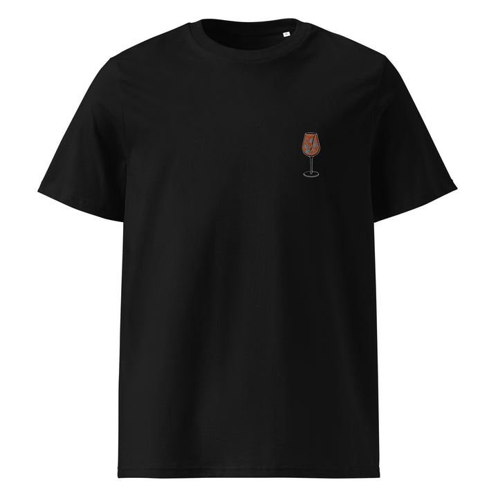 The That's the Spirit(z) Organic T-shirt by Tequila & Sunrise is a unisex black garment made from organic cotton, showcasing a small, embroidered wine glass design on the left chest area.