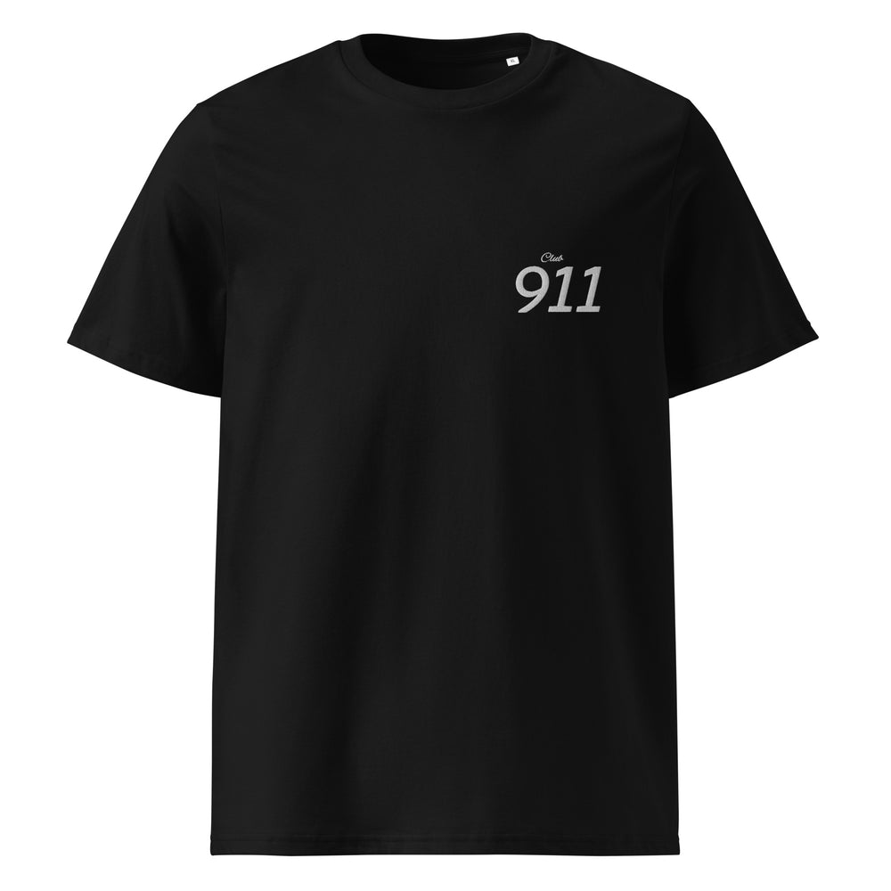 The Porsche Club 911 Organic T-shirt by Tequila & Sunrise is a black eco-friendly cotton shirt featuring the Club 911 design in white on the left chest, ideal for Porsche enthusiasts who prioritize sustainability.