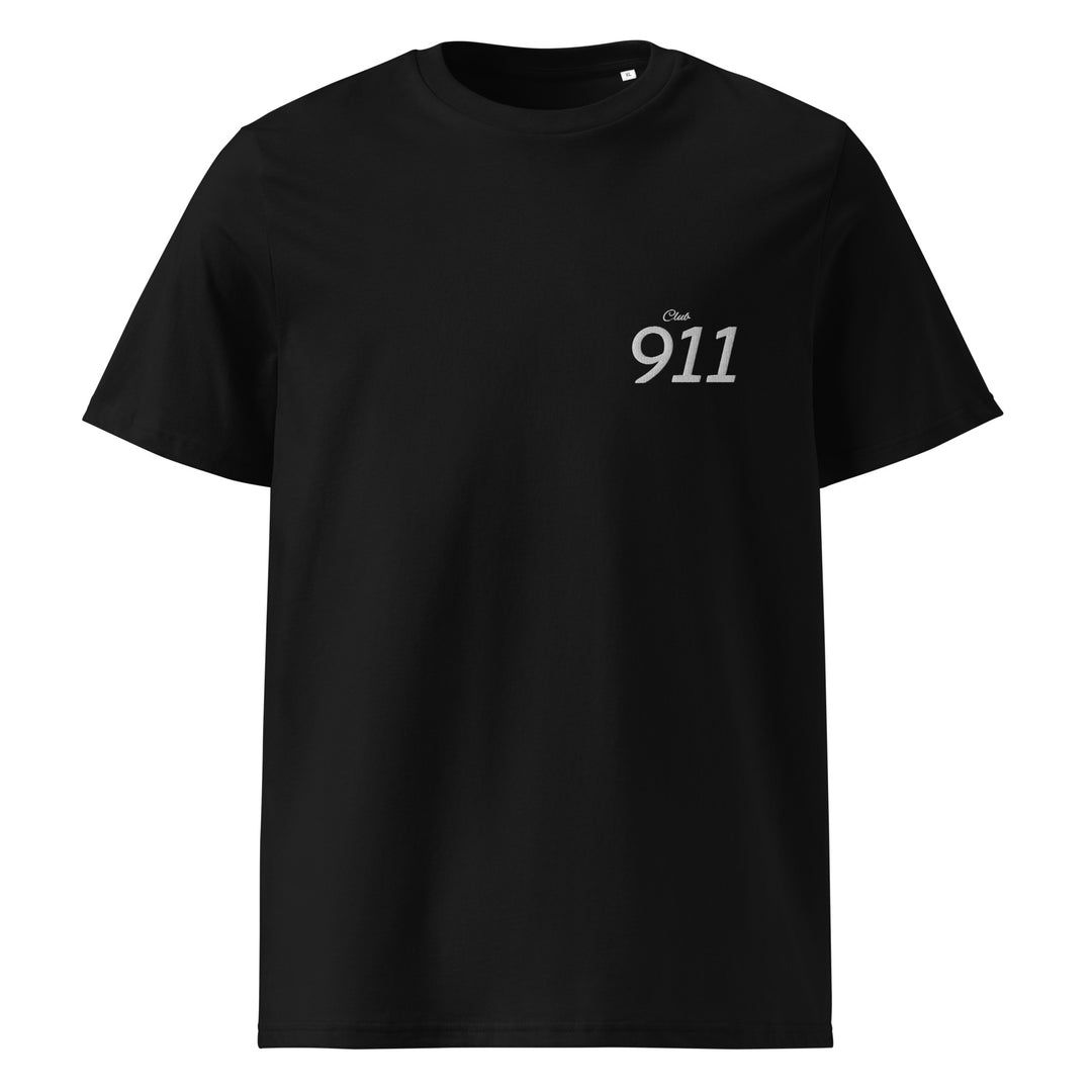 The Porsche Club 911 Organic T-shirt by Tequila & Sunrise is a black eco-friendly cotton shirt featuring the Club 911 design in white on the left chest, ideal for Porsche enthusiasts who prioritize sustainability.