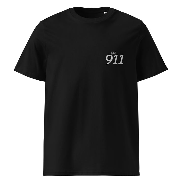 The Porsche Club 911 Organic T-shirt by Tequila & Sunrise is a black eco-friendly cotton shirt featuring the Club 911 design in white on the left chest, ideal for Porsche enthusiasts who prioritize sustainability.