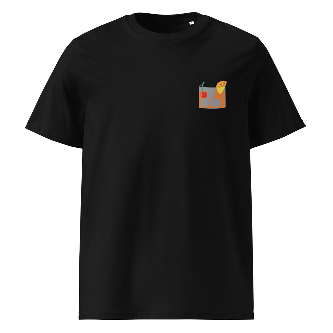 Old Fashioned Glass Organic T-shirt featuring a drink illustration on a black cotton tee.