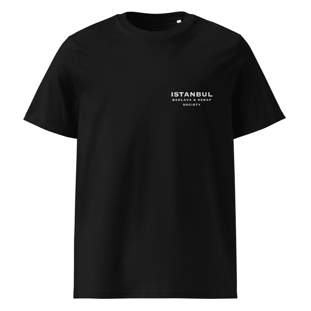 Istanbul Baklava & Kebab Society Organic T-shirt in black, made from 100% organic cotton, featuring logo design.