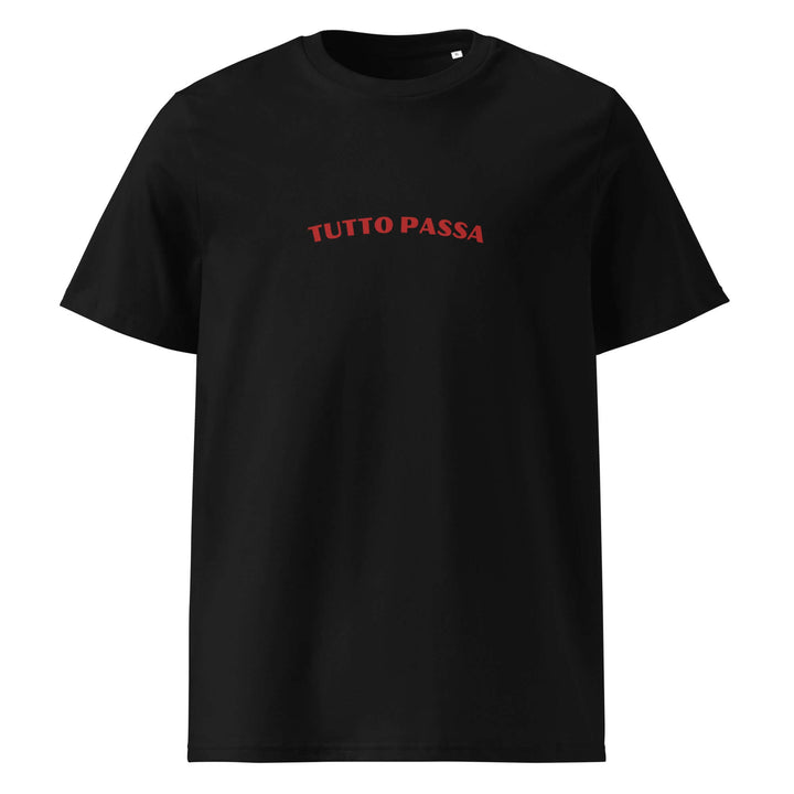 Black t-shirt with red text 'TUTTO PASSA' on a white background