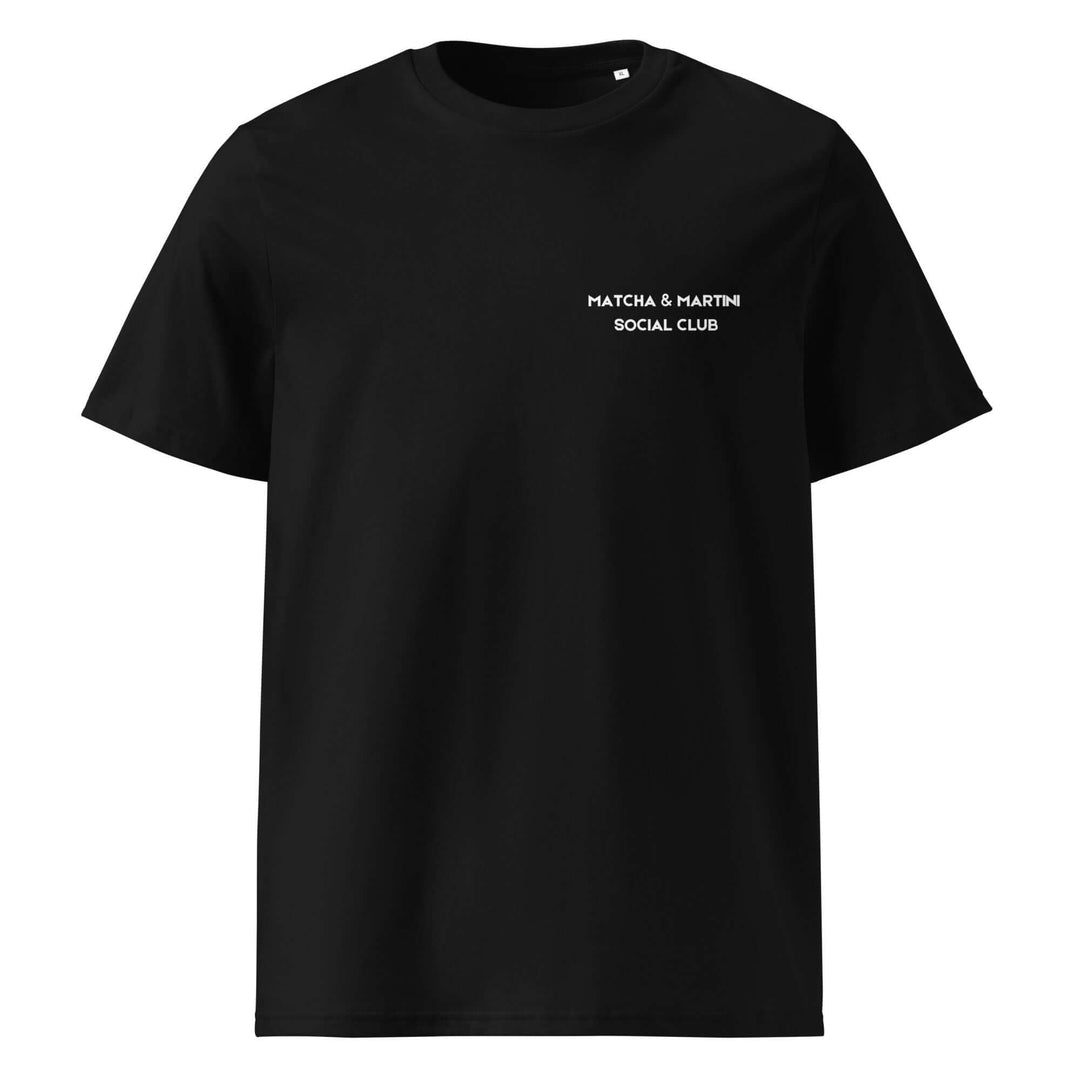 Black t-shirt with 'Matcha & Martin Social Club' text on a white background