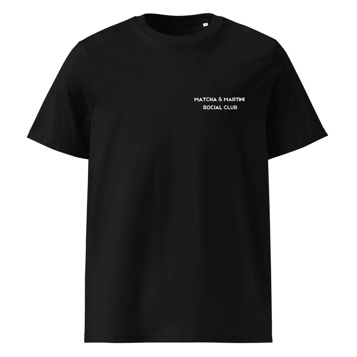 Black t-shirt with 'Matcha & Martin Social Club' text on a white background