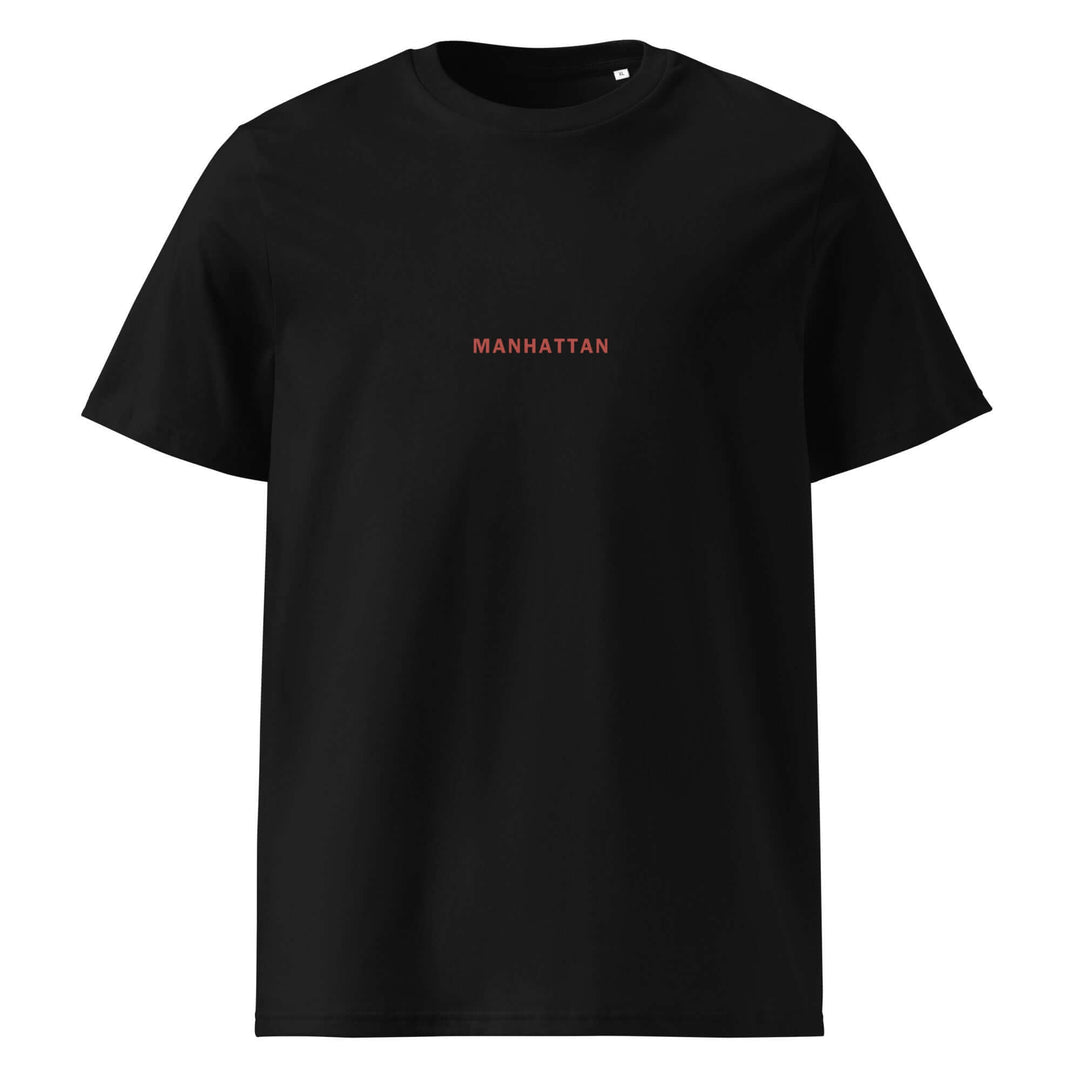 Manhattan Organic T-shirt in black with 'MANHATTAN' text design, made from 100% organic cotton.