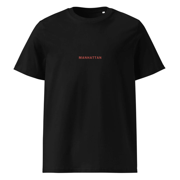Manhattan Organic T-shirt in black with 'MANHATTAN' text design, made from 100% organic cotton.