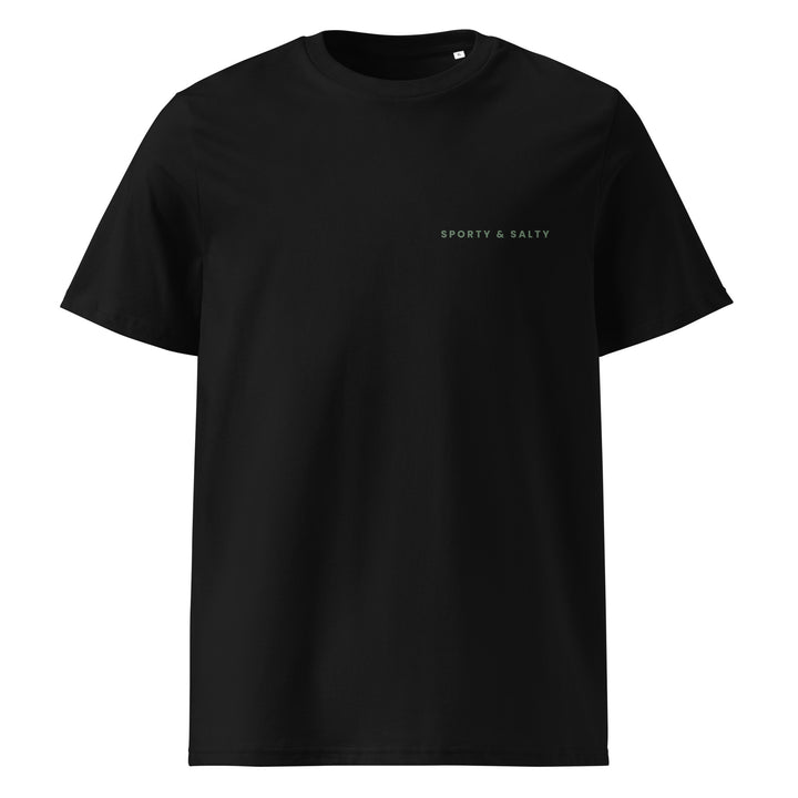 Sporty & Salty Organic T-shirt displayed on a black unisex t-shirt, made from 100% organic ring-spun cotton.