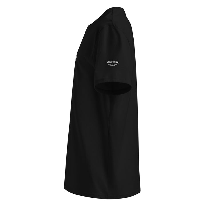 Side view of the New York Downtown Athletic Club Organic T-shirt in black, made from 100% organic cotton.