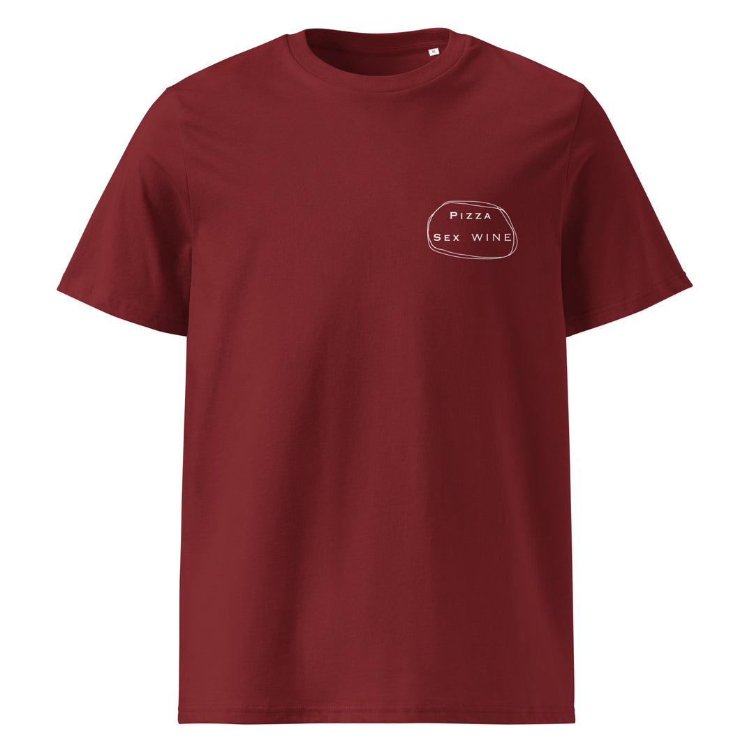 Pizza & Sex & Wine Organic T-shirt in burgundy color, made from 100% organic cotton.