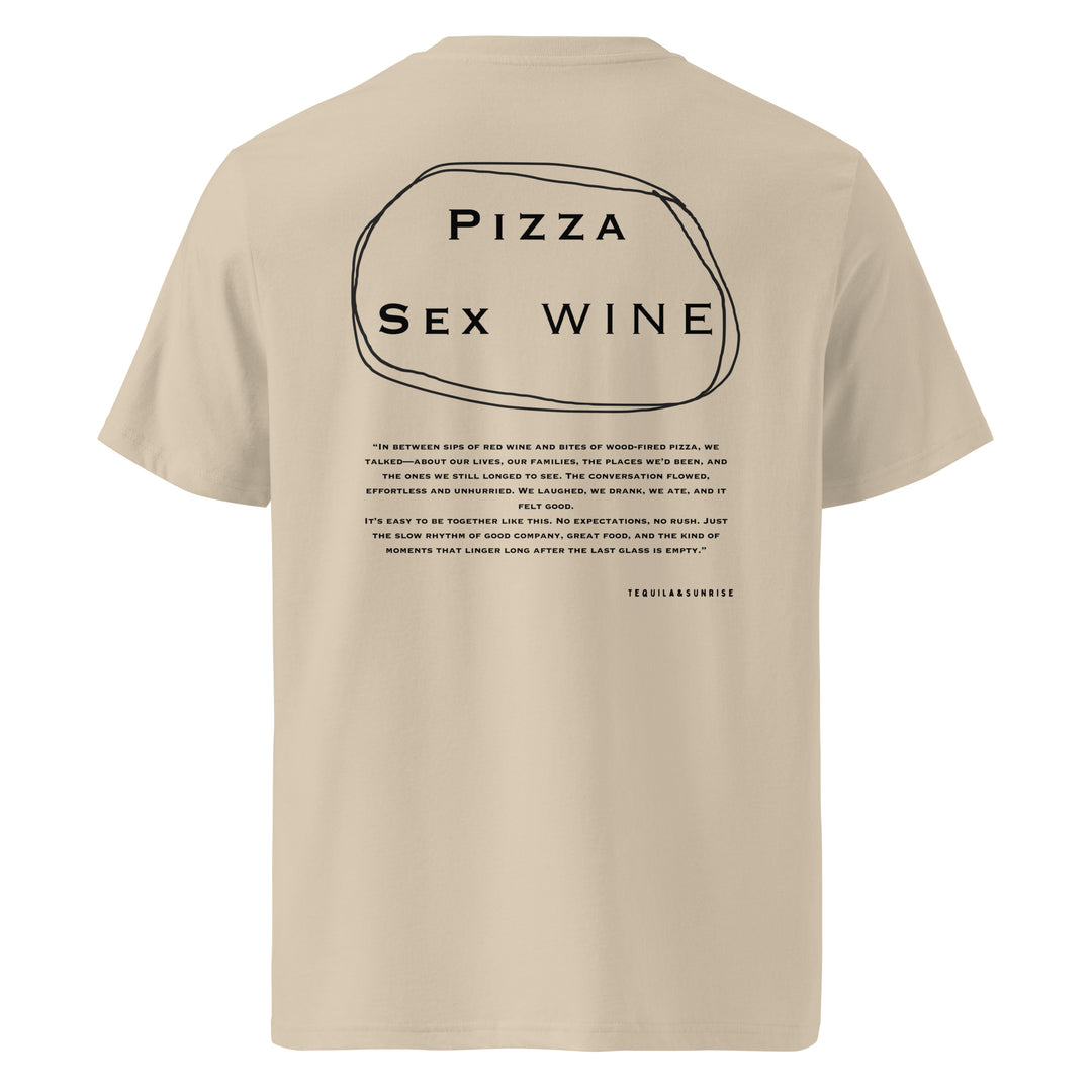 Pizza & Sex & Wine Organic T-shirt featuring bold graphic design on the back, made from eco-friendly cotton.