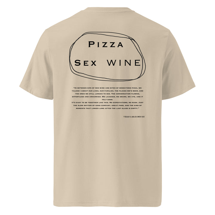 Pizza & Sex & Wine Organic T-shirt featuring bold graphic design on the back, made from eco-friendly cotton.