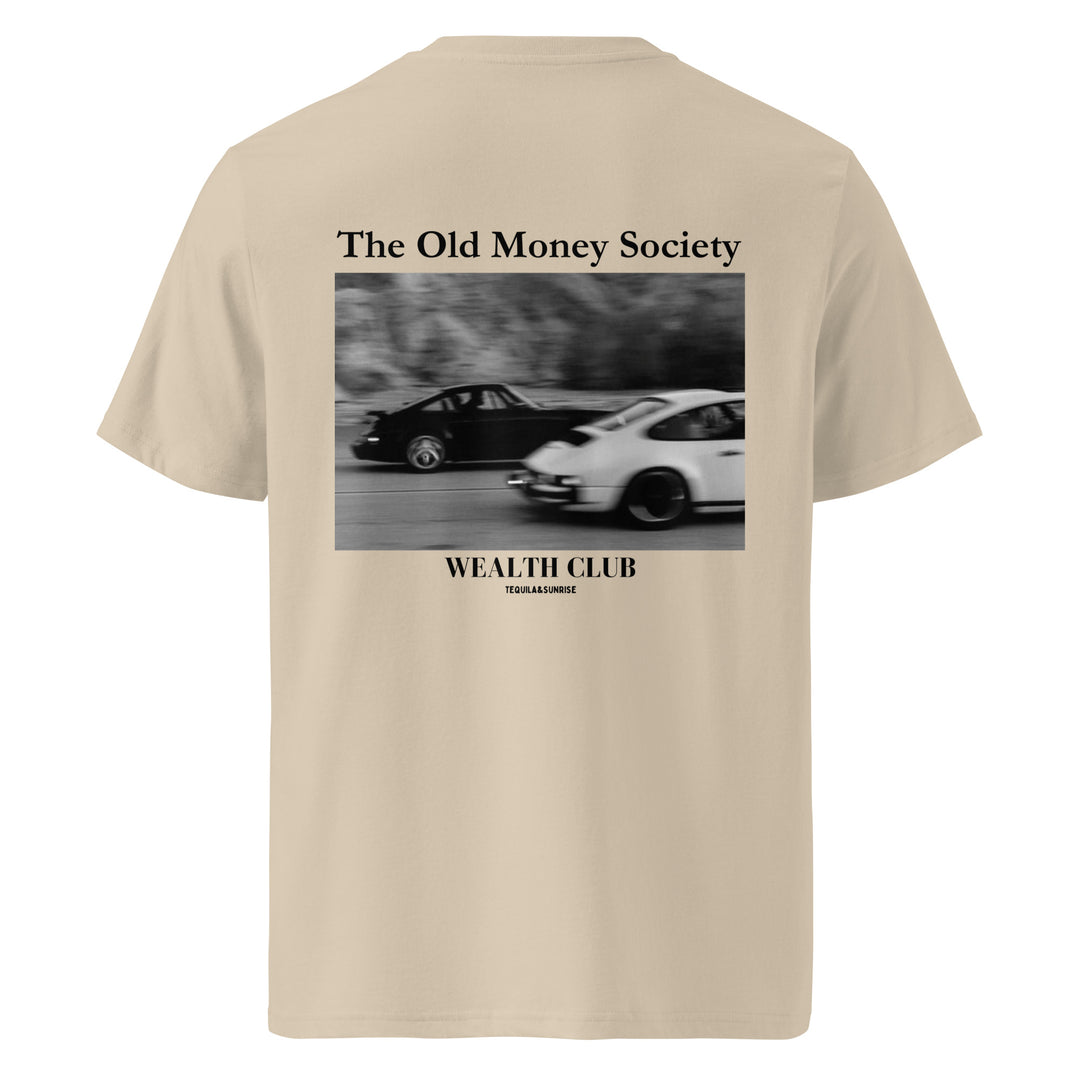 Old Money Society Organic T-shirt featuring classic car graphic and minimalist design on a beige background.