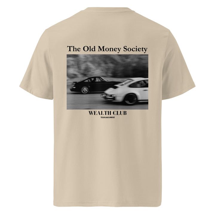 Old Money Society Organic T-shirt featuring classic car graphic and minimalist design on a beige background.