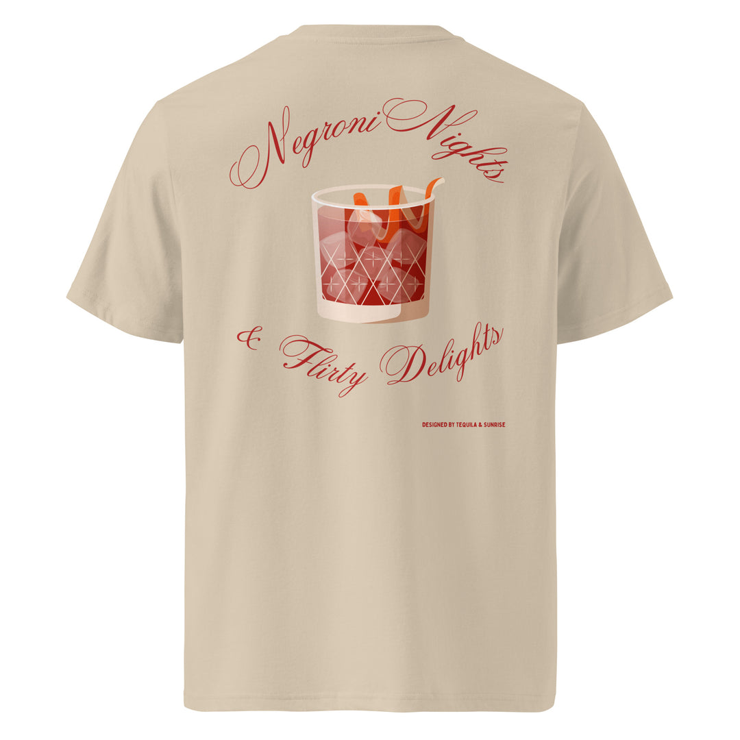 Negroni Nights & Flirty Delights Organic T-shirt featuring a drink graphic on the back, made from 100% organic cotton.