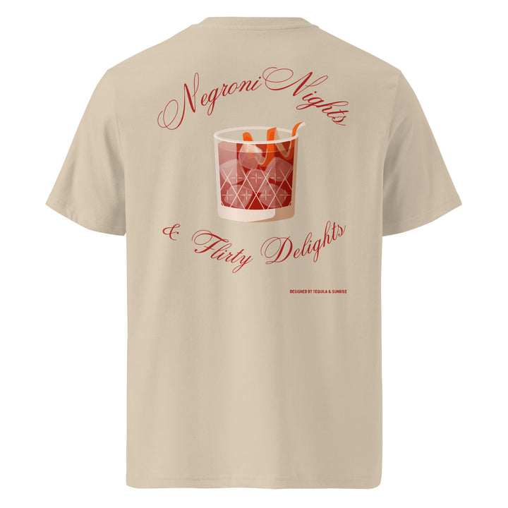 Negroni Nights & Flirty Delights Organic T-shirt featuring a drink graphic on the back, made from 100% organic cotton.