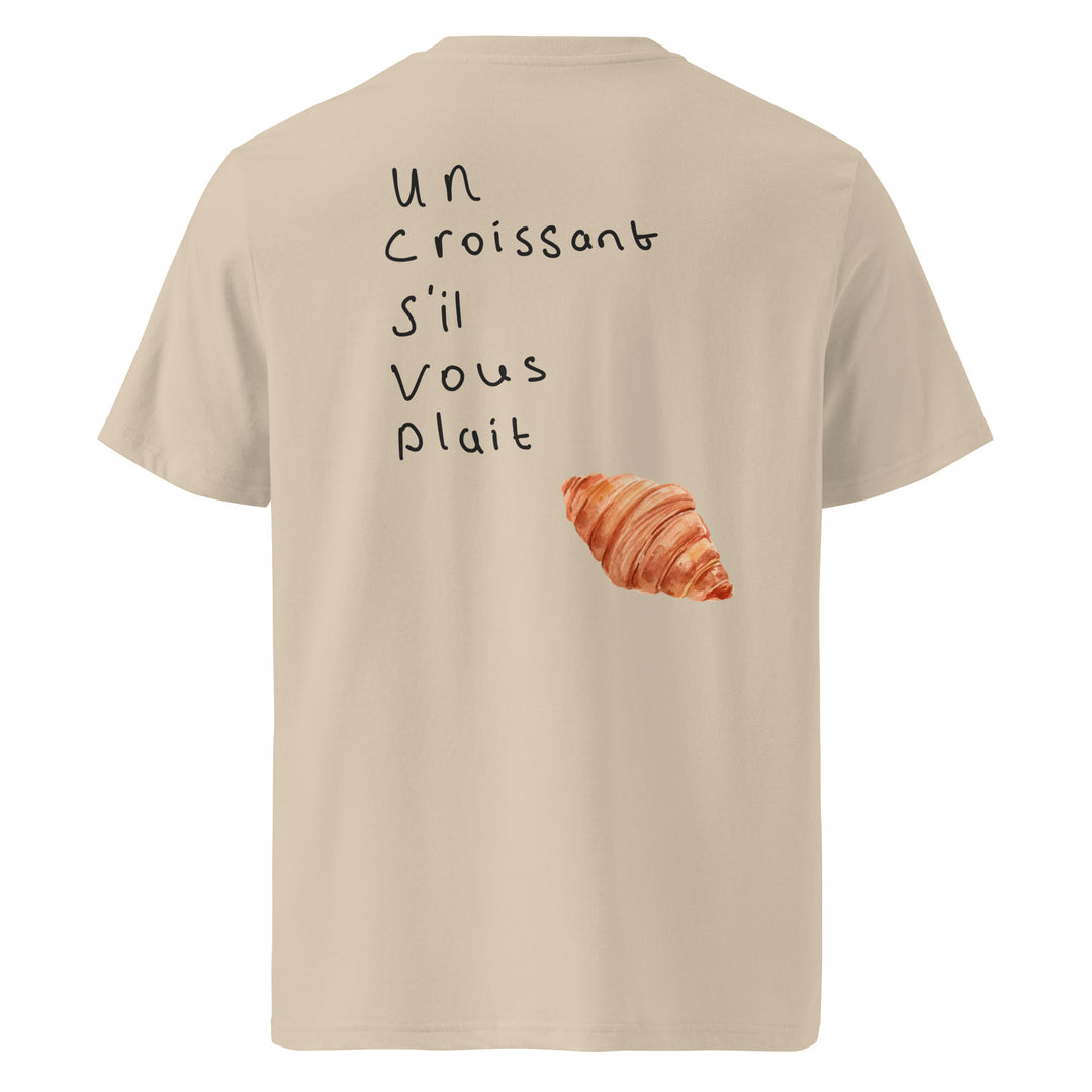 Un Croissant S’il Vous Plait Organic T-shirt in beige with croissant graphic on back