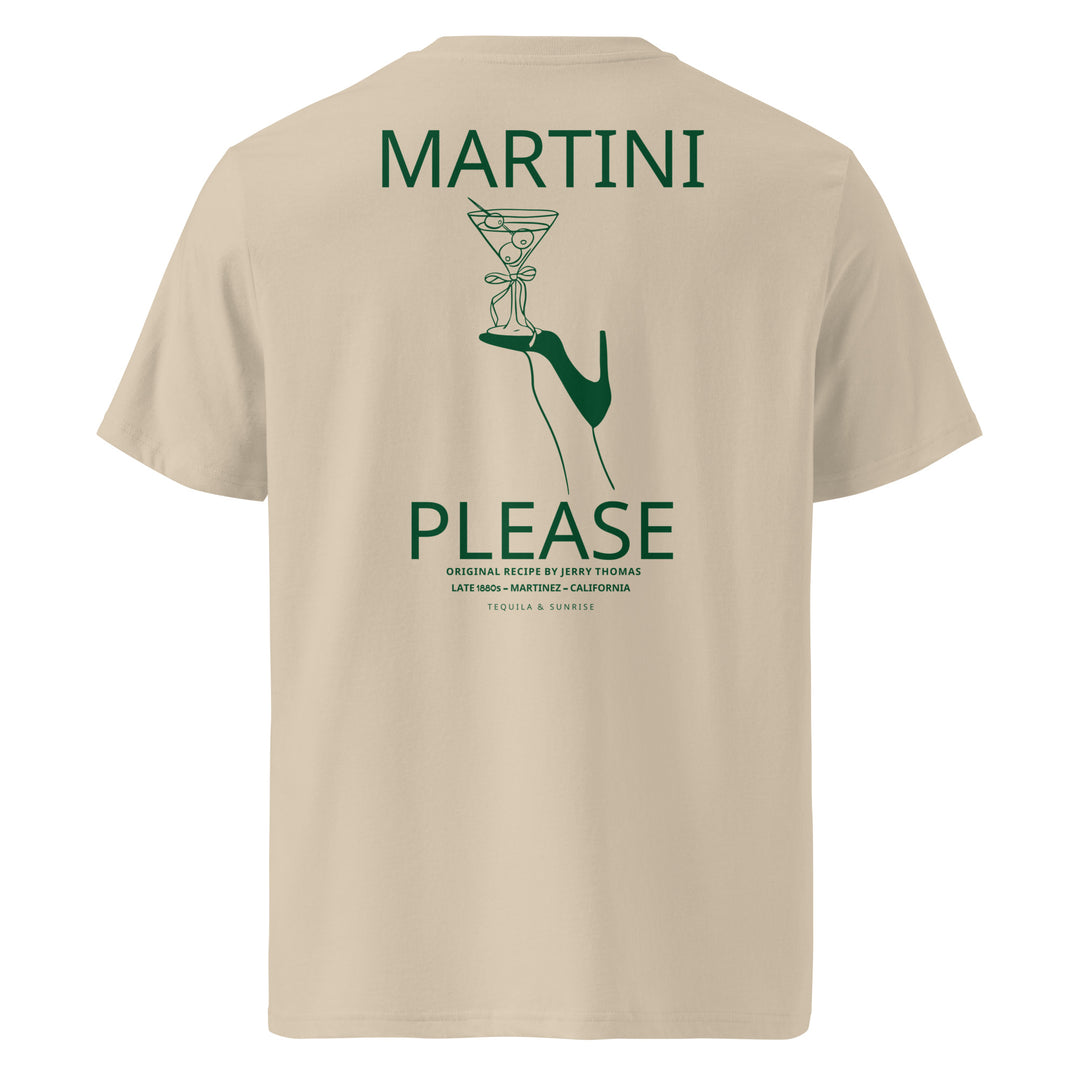 Martini Please Organic T-shirt featuring a martini glass illustration and text on the back.