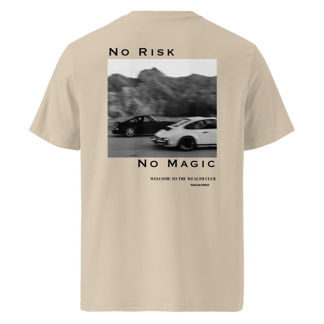 No Risk No Magic Organic T-shirt featuring a graphic of racing cars on a beige background, eco-friendly fashion.
