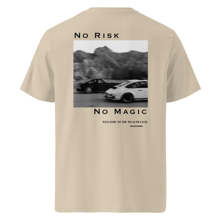 No Risk No Magic Organic T-shirt featuring a graphic of racing cars on a beige background, eco-friendly fashion.