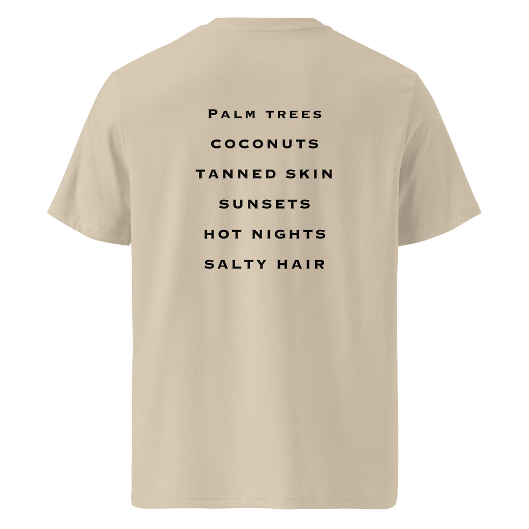 Summer Nights Organic T-shirt with a list of summer vibes: Palm trees, Coconuts, Tanned skin, Sunsets, Hot nights, Salty hair.