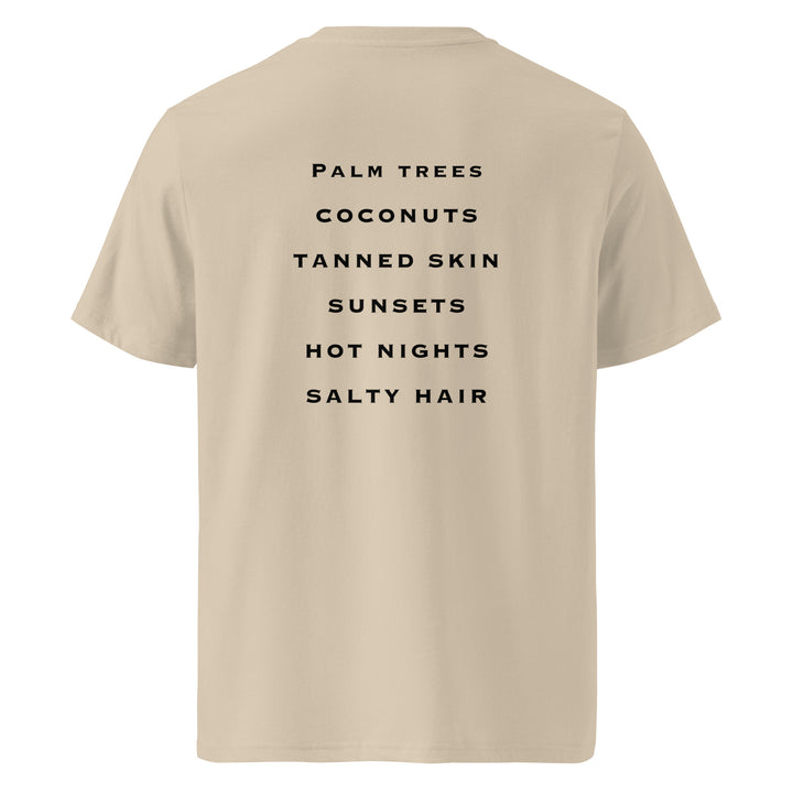 Summer Nights Organic T-shirt with a list of summer vibes: Palm trees, Coconuts, Tanned skin, Sunsets, Hot nights, Salty hair.
