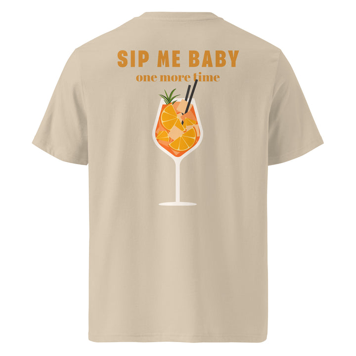 Sip Me Baby Organic T-shirt featuring a cocktail graphic with the text 'Sip Me Baby one more time' on the back.